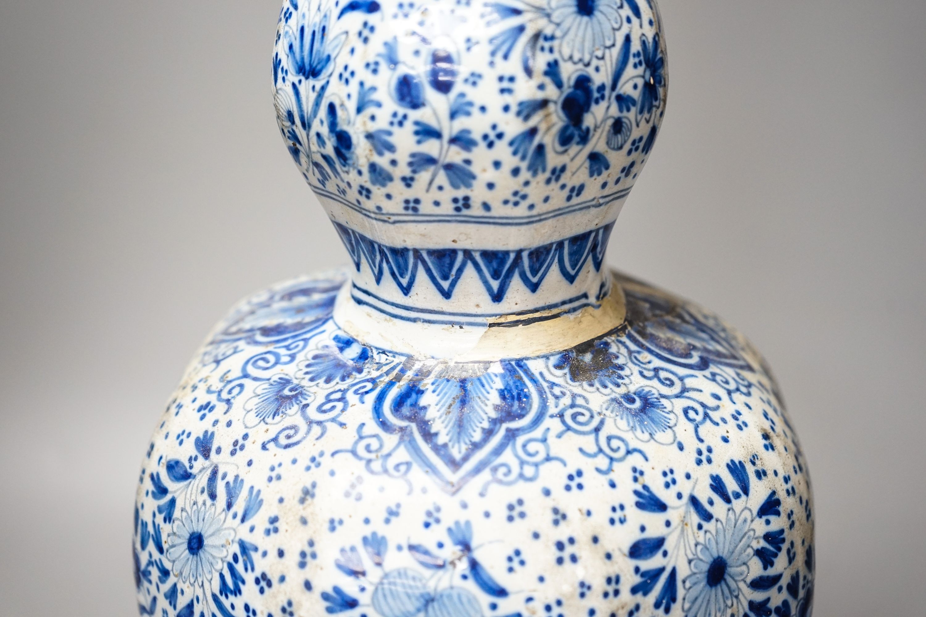 An 18th/19th century Delft blue and white octagonal double gourd vase, mounted as a lamp 50 cm